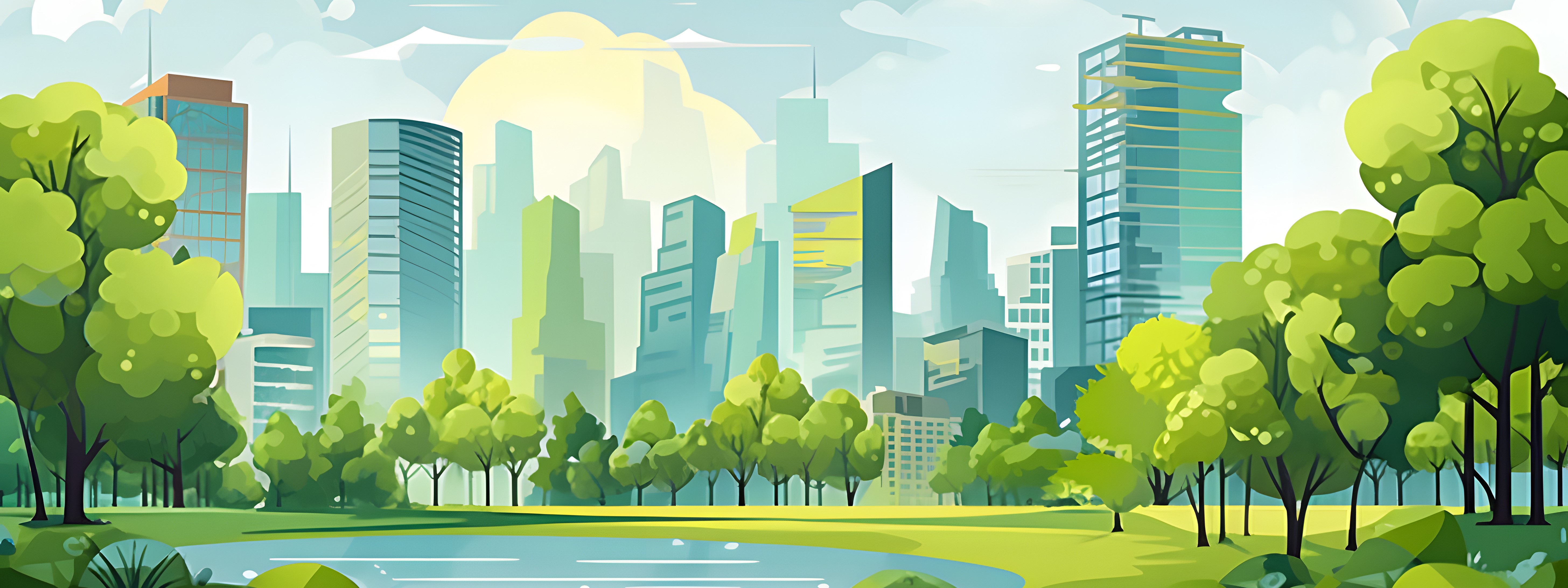 a cartoon of a cityscape with a park with a lake in the foreground. The sky is sunny with a few clouds. 
